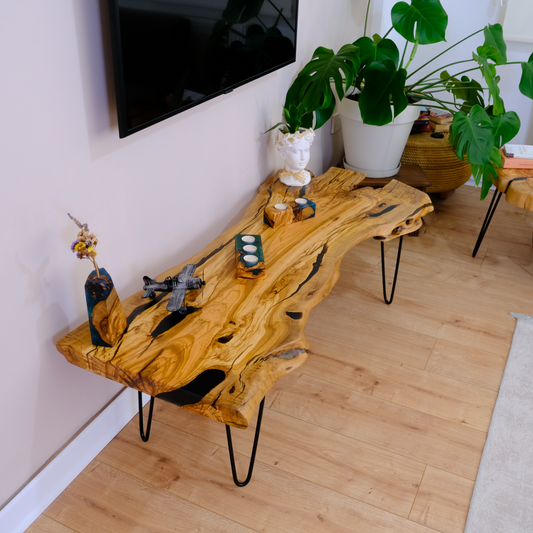 Olive Wood & Epoxy TV Stand – Handcrafted Elegance for Modern Living